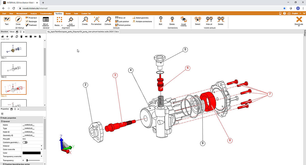 Authoring technical documentation, illustrations, ballooning using Kisters 3DViewStation WebViewer